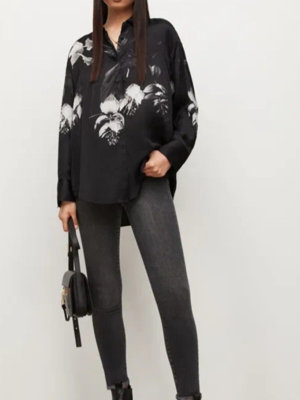 All Saints Black Button-Down Shirt with White Floral Print